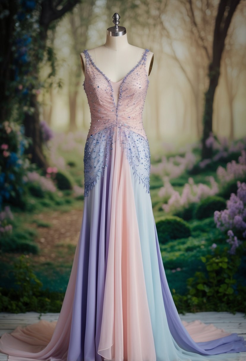 A flowing gown in shades of pastel pink, lavender, and blue, adorned with delicate lace and shimmering beads, set against a backdrop of a dreamy, enchanted forest