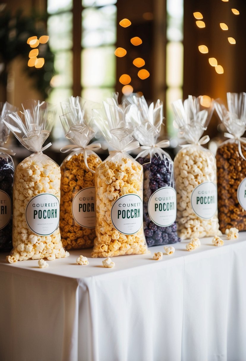 A table displaying various gourmet popcorn bags, adorned with elegant wedding decorations