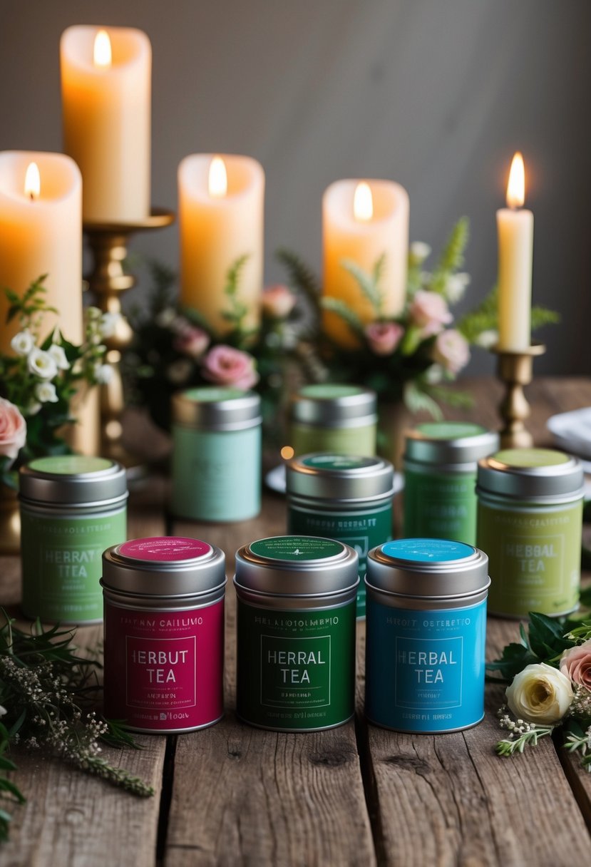 A rustic wooden table adorned with assorted herbal tea tins, surrounded by delicate floral arrangements and soft candlelight