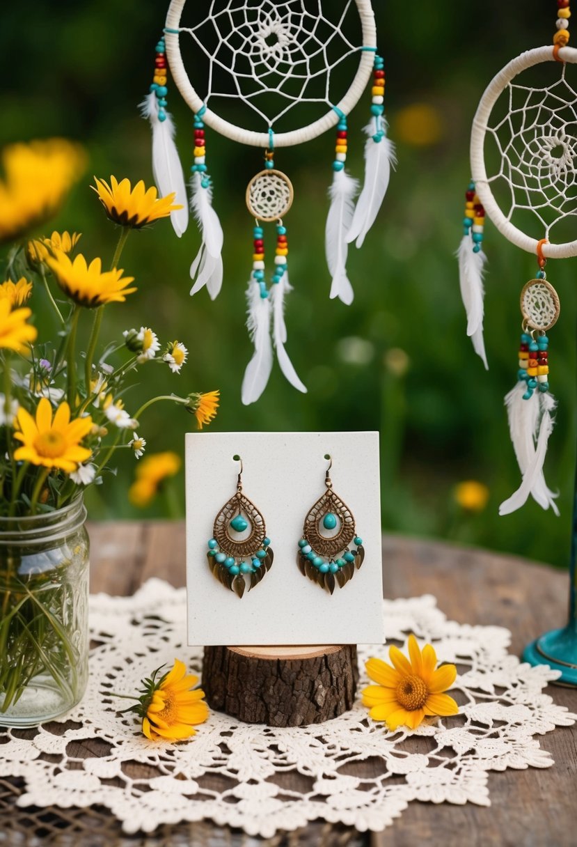 A rustic outdoor table with bohemian-inspired earrings displayed on a vintage lace doily, surrounded by wildflowers and dreamcatchers