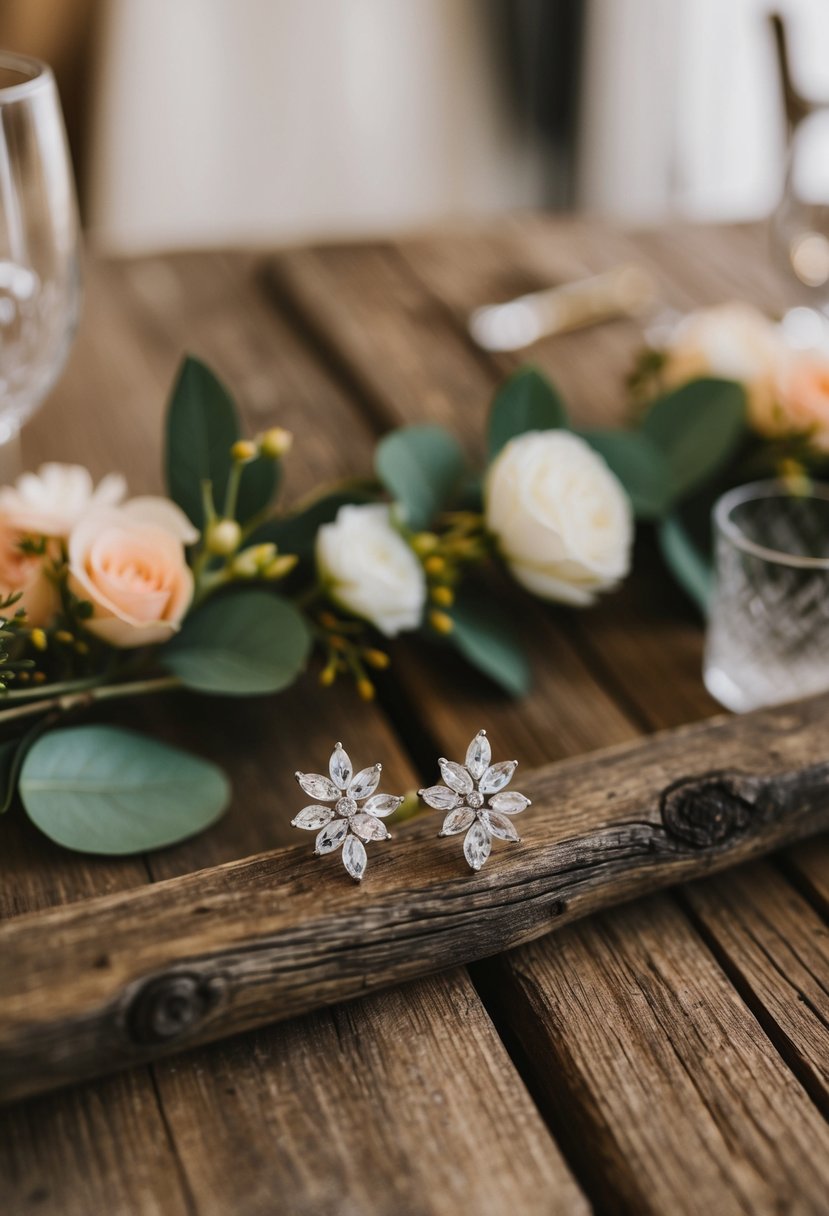 A rustic wooden table adorned with crystal cluster stud earrings and bohemian wedding decor