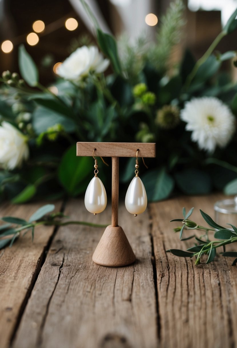 A rustic wooden table adorned with delicate pearl teardrop earrings, surrounded by bohemian wedding decor and greenery