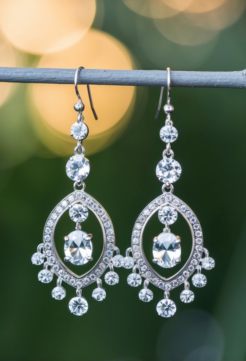 A pair of bohemian-inspired wedding earrings featuring elegant rhinestone dangles