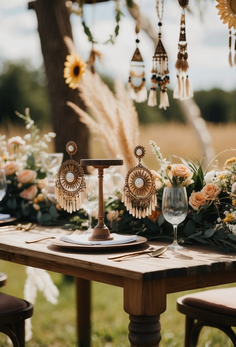 A rustic outdoor wedding scene with a wooden table adorned with vintage-inspired sun earrings, surrounded by bohemian decor and flowers