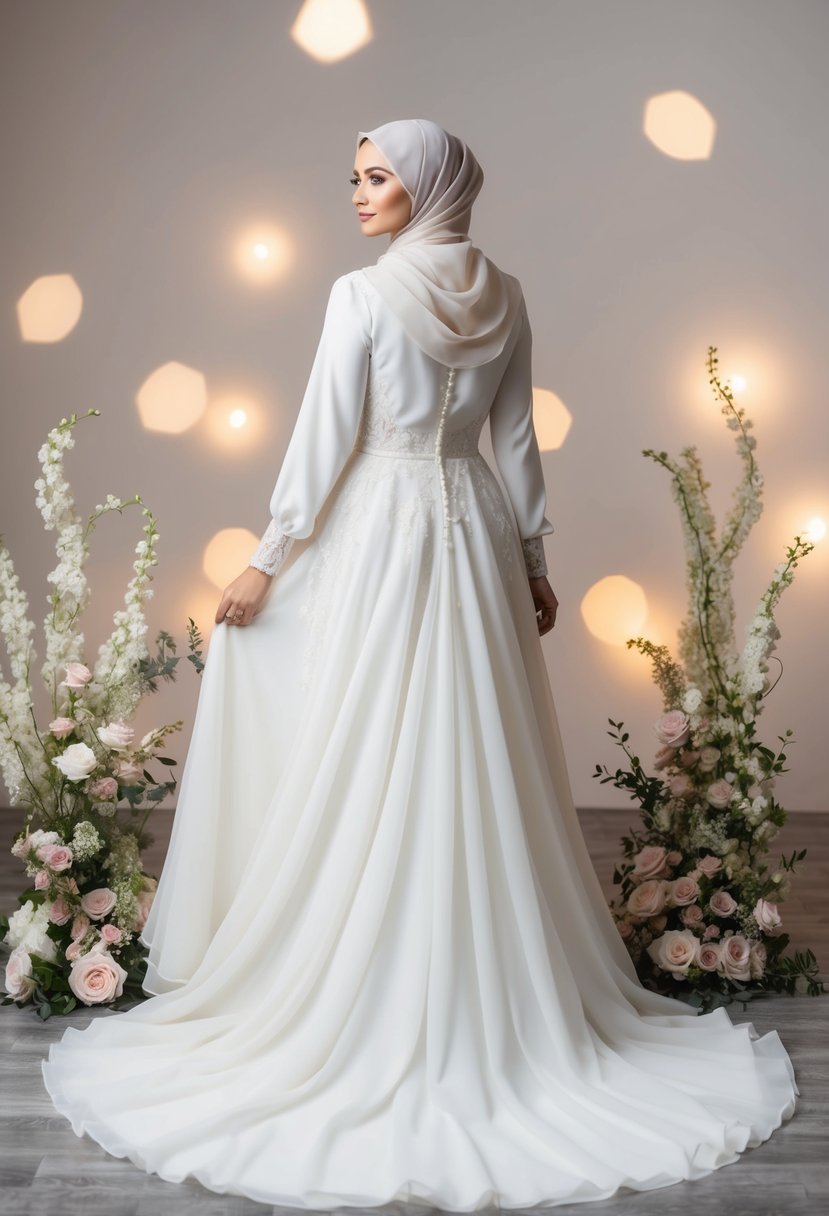 A bride in a flowing hijab wedding dress, surrounded by delicate floral arrangements and soft, romantic lighting