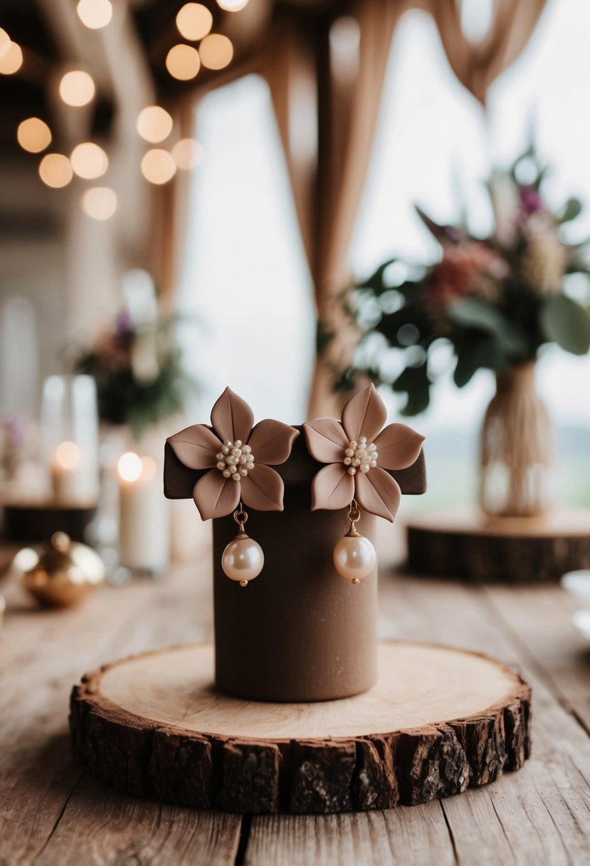 A pair of clay flower and pearl earrings displayed on a rustic wooden table with bohemian wedding decor in the background