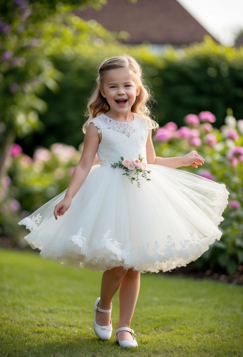 A 5-year-old girl wearing a white tulle dress with lace and floral details, twirling and laughing in a garden surrounded by blooming flowers