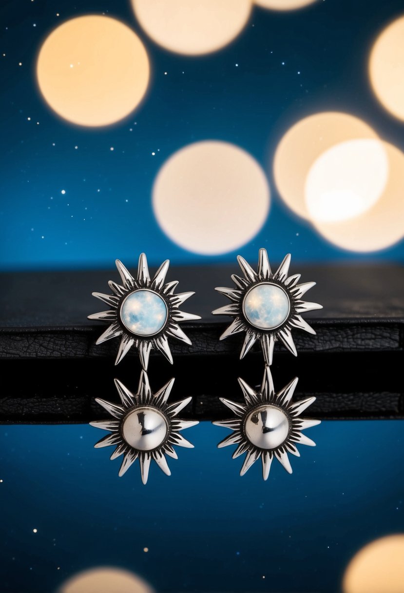 A pair of bohemian wedding earrings featuring celestial moon and starburst studs, set against a backdrop of a starry night sky