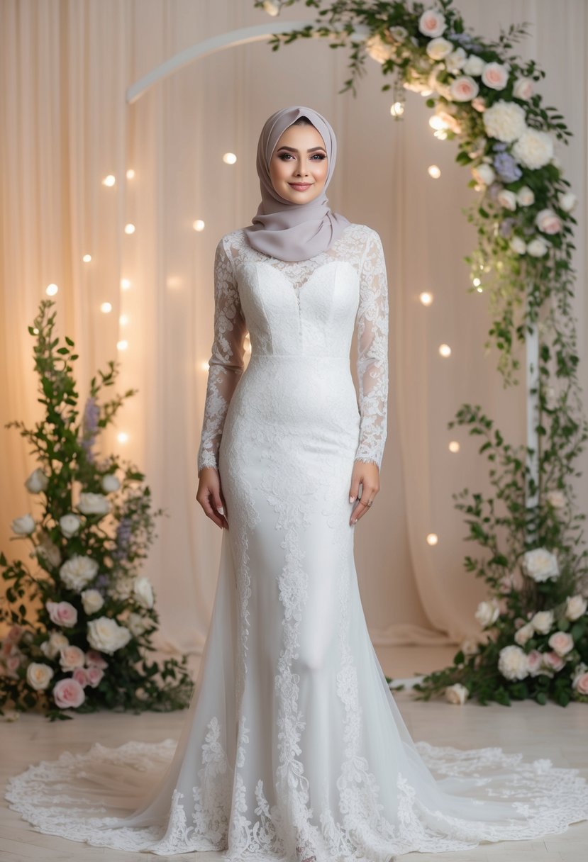 An elegant lace long-sleeve gown with a hijab, set against a romantic backdrop, with soft lighting and delicate floral accents