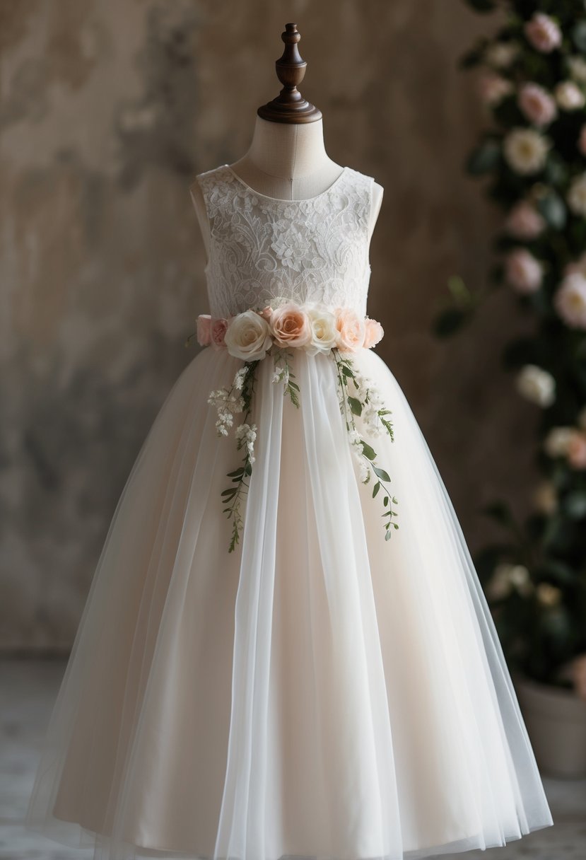 A delicate lace and tulle flower girl dress, adorned with floral accents and a flowing skirt, perfect for a 5-year-old girl at a wedding