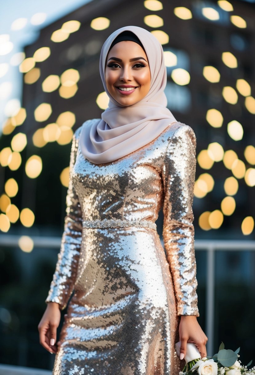 A sparkling sequin A-line dress with a hijab, perfect for a glamorous wedding outfit