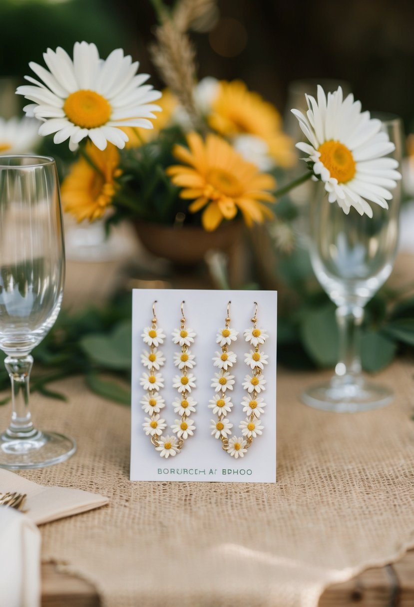 A rustic outdoor wedding setting with a bohemian vibe, featuring a table adorned with daisy chain boho earrings as potential wedding favors