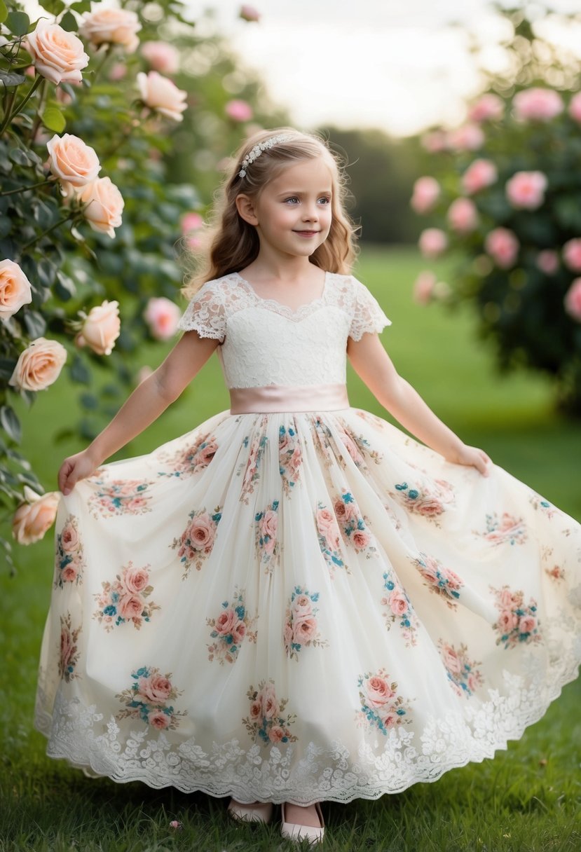 A 5-year-old girl twirls in a vintage floral lace gown, surrounded by blooming roses and delicate lace details