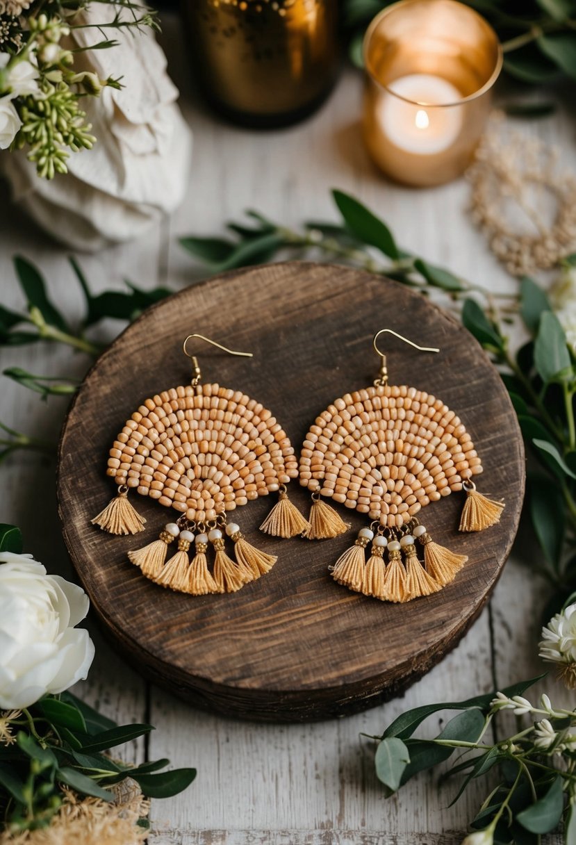 A pair of beaded fan-shaped earrings displayed on a rustic wooden surface, surrounded by bohemian wedding decor and greenery