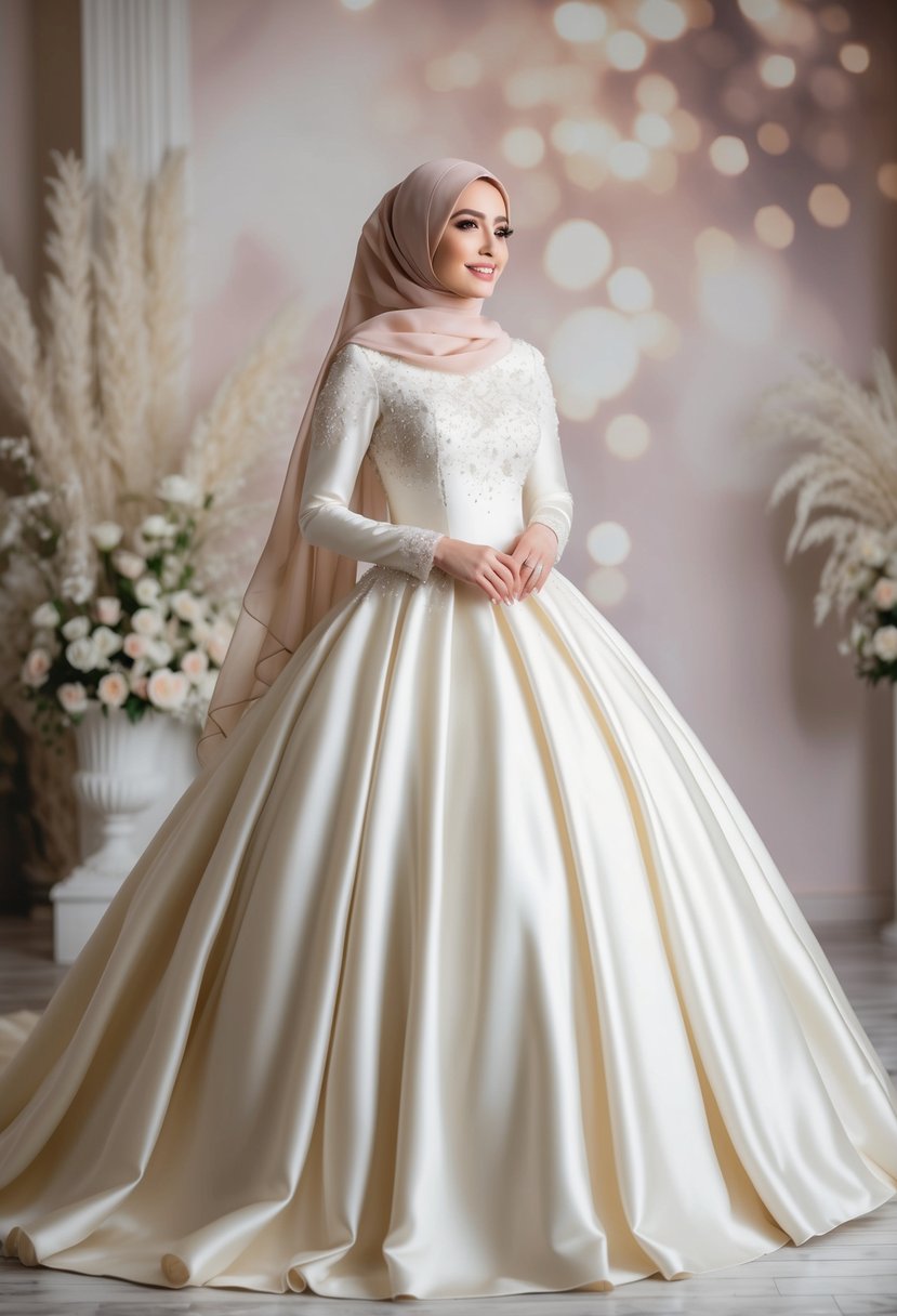 An elegant ivory satin ball gown with a flowing hijab, adorned with delicate lace and beading, set against a romantic backdrop