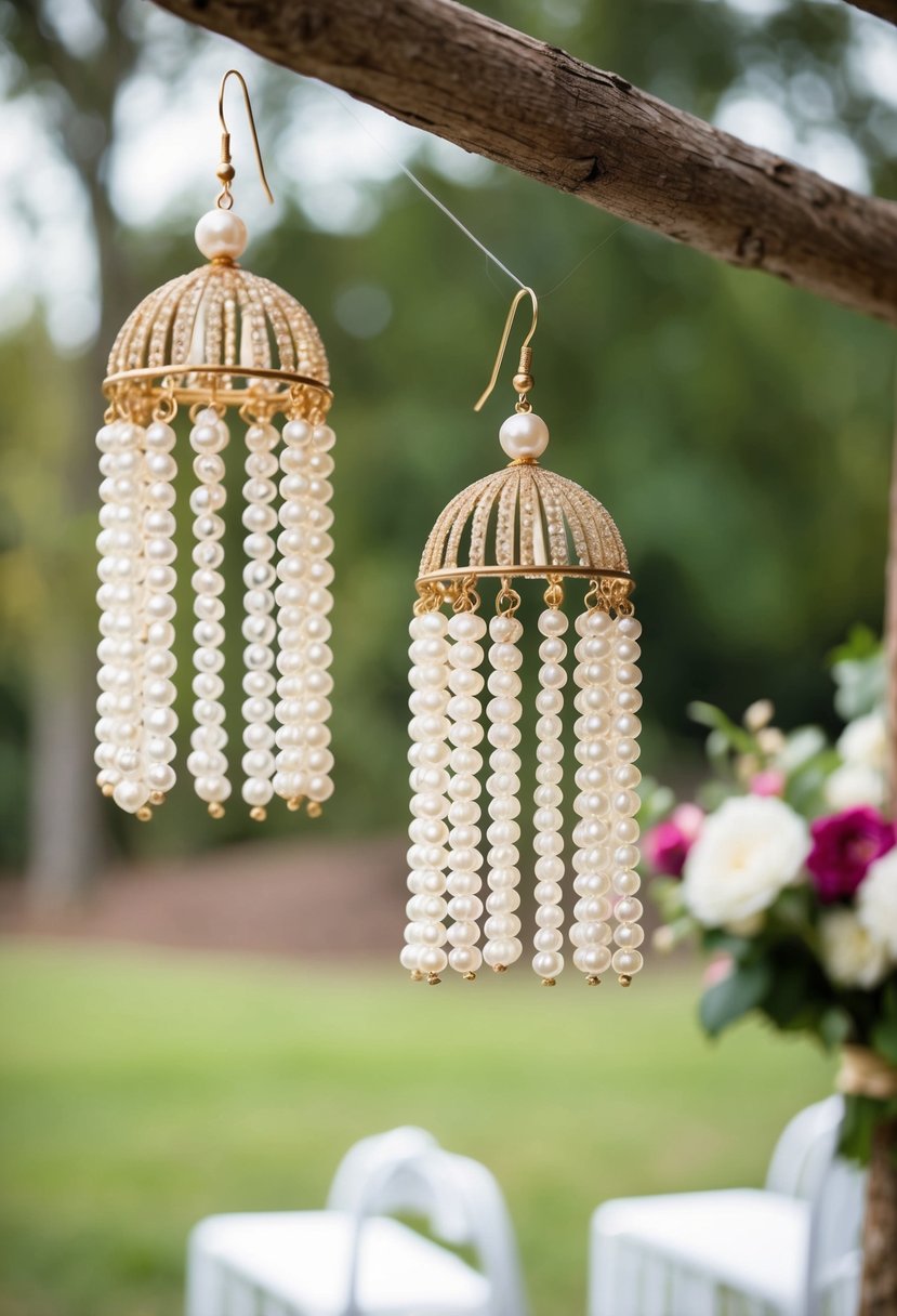 A boho wedding scene with freshwater pearl chandeliers as earrings