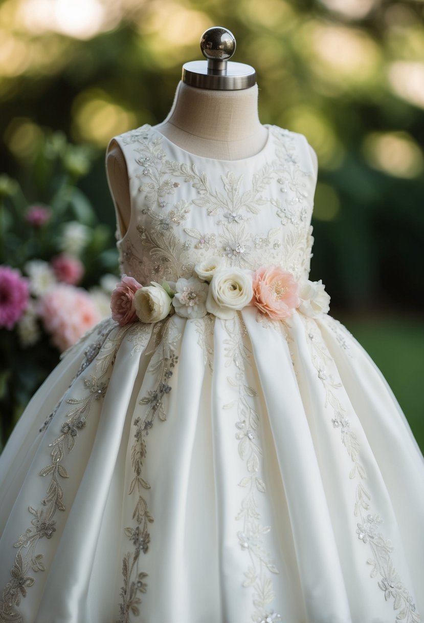 A sleeveless dress with intricate embroidery, adorned with delicate flowers and lace, perfect for a 5-year-old girl's wedding attire