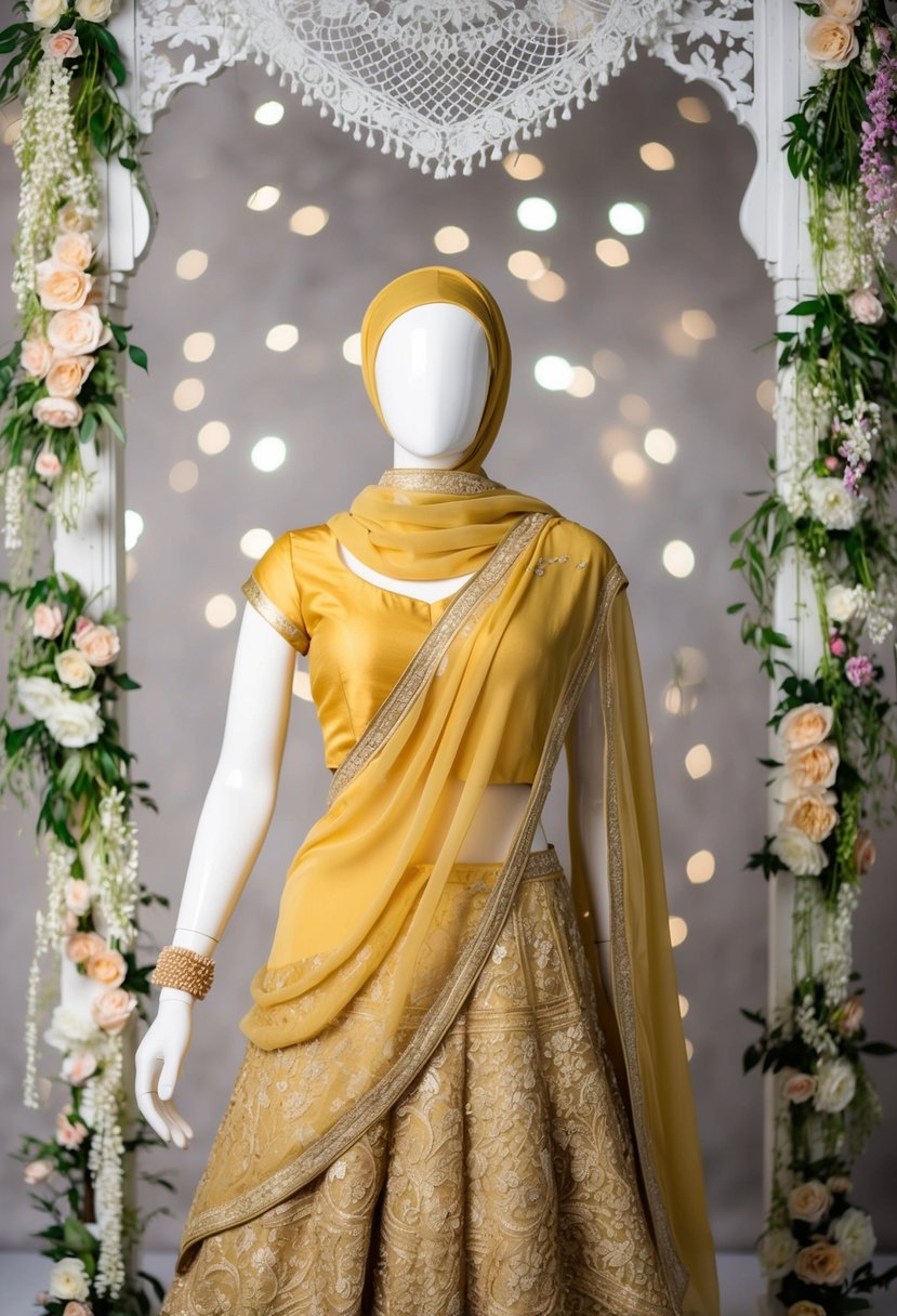 A golden embroidered lehenga hijab drapes elegantly on a mannequin, surrounded by delicate lace and floral accents