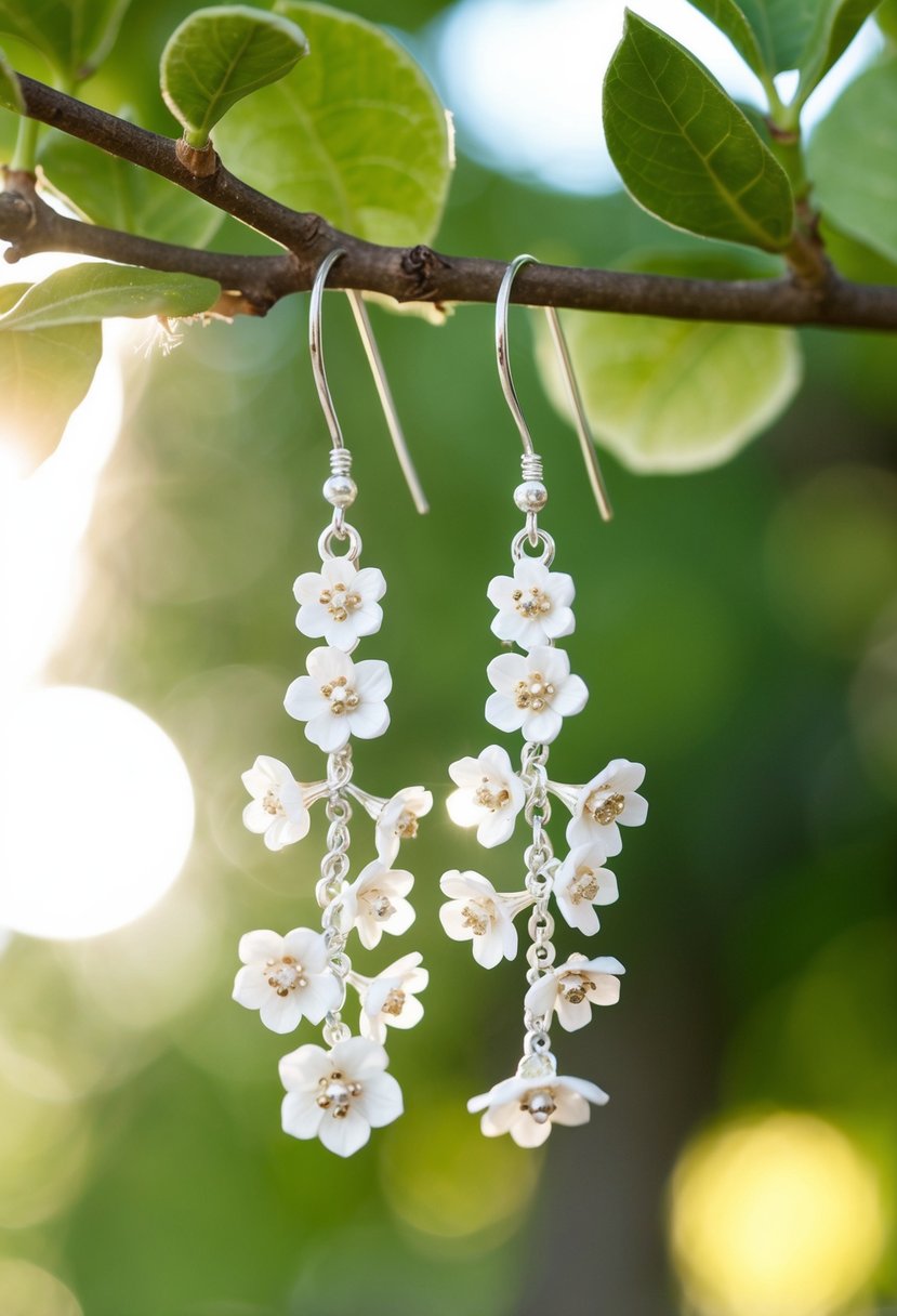 A pair of delicate floral drop earrings hanging from a tree branch with soft sunlight filtering through the leaves