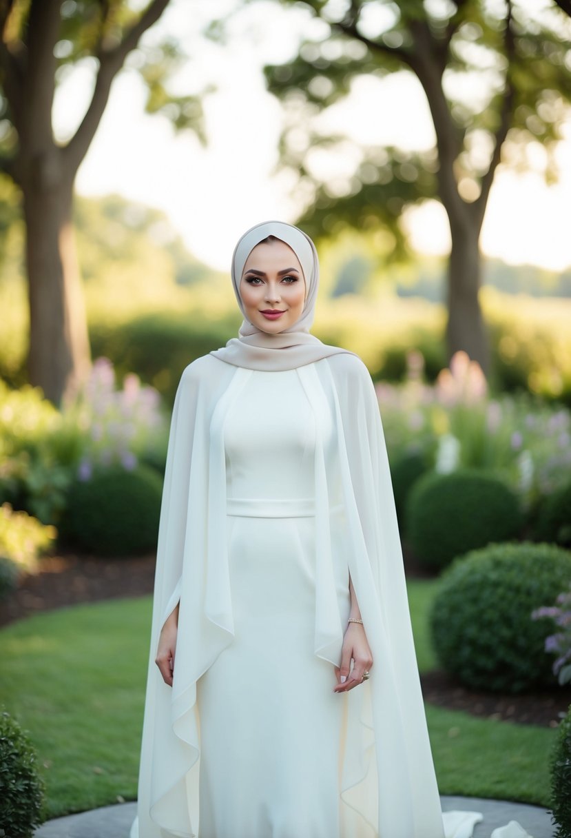 A bride wearing a chiffon cape and minimalist hijab, standing in a serene garden setting