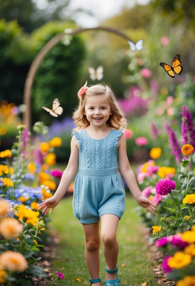 A 5-year-old girl wearing a knit romper in a whimsical garden setting, surrounded by colorful flowers and butterflies, with a sense of joy and innocence in the air