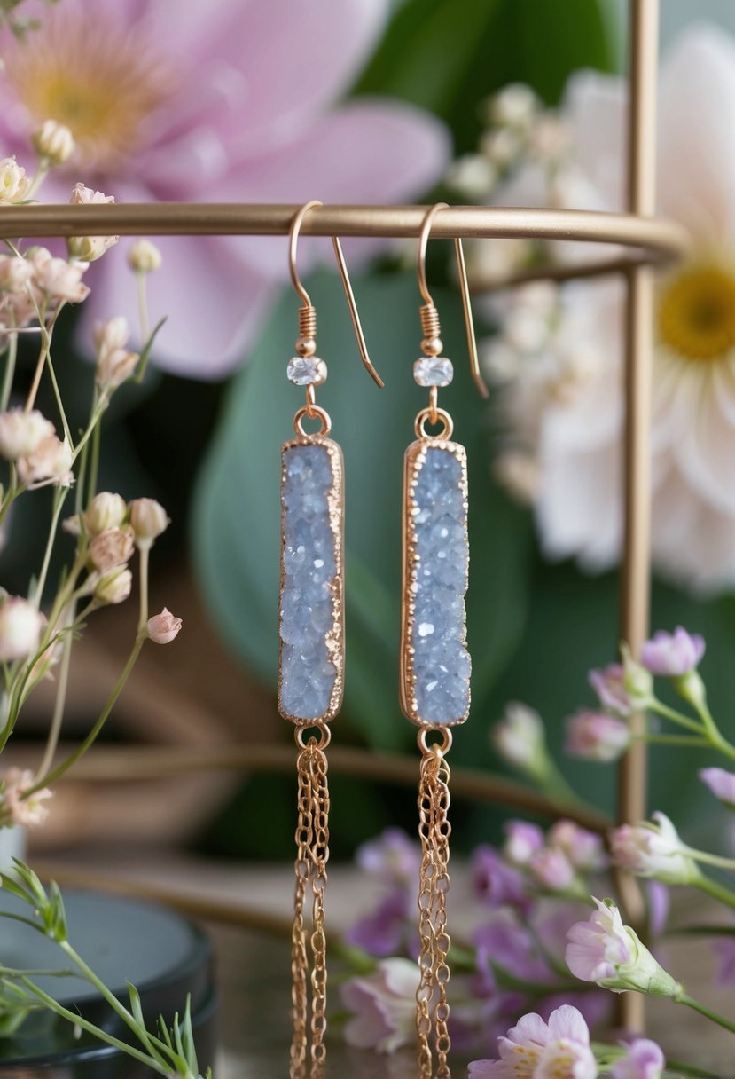 A pair of threader earrings with simulated druzy stones dangle from a boho-inspired display, surrounded by delicate floral and nature elements