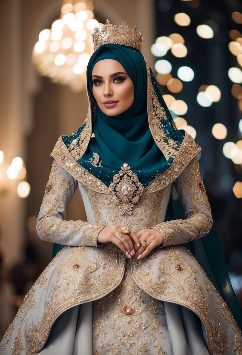 An opulent Arabian princess gown with a matching hijab, adorned with intricate embroidery and shimmering jewels