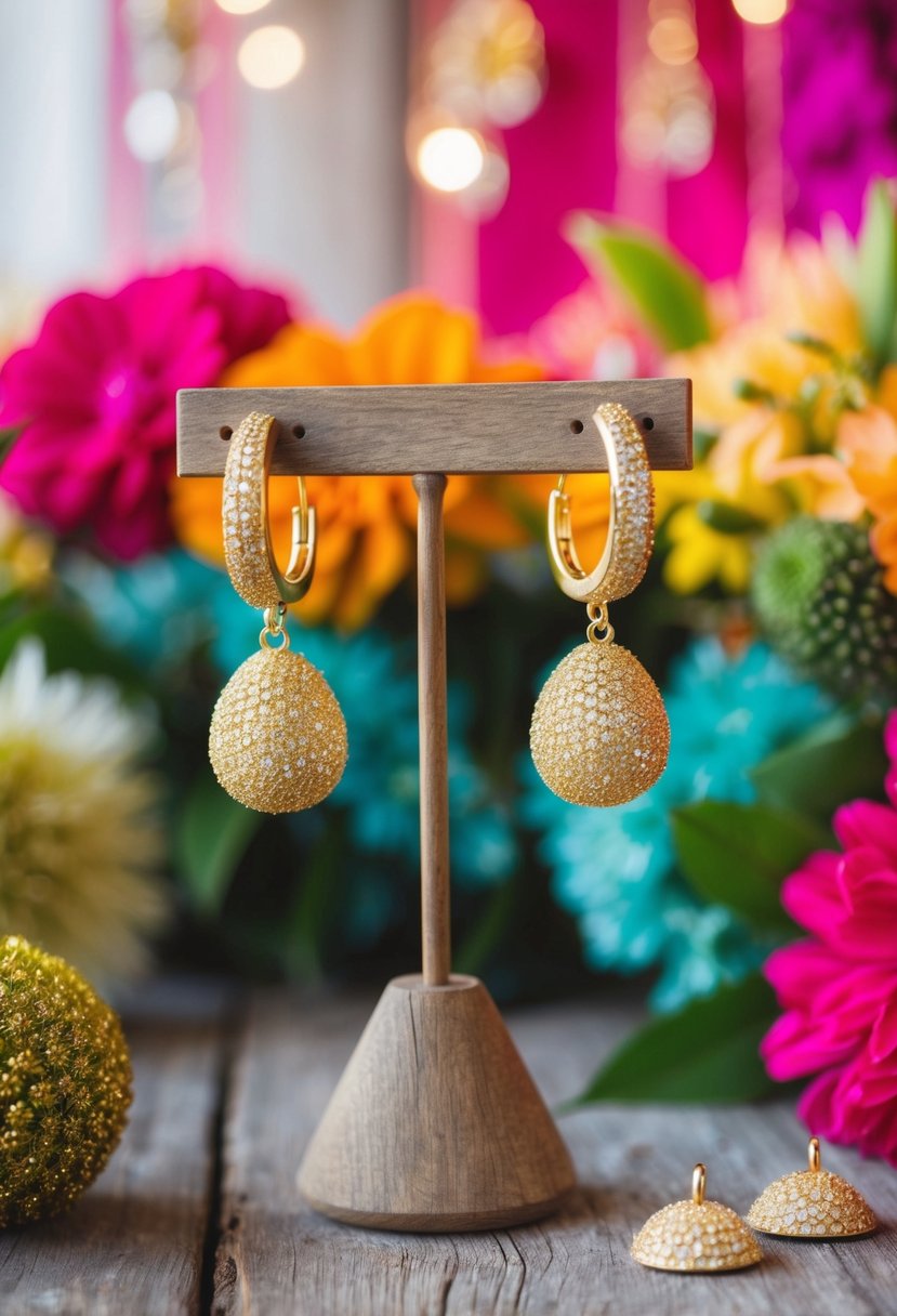 Golden sparkly dangle earrings hanging from a rustic wooden earring stand, surrounded by vibrant bohemian wedding decor