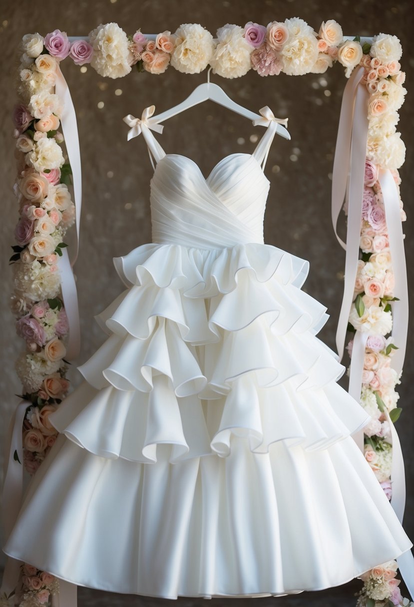 A white ruffled ceremony dress hanging on a delicate hanger, surrounded by soft, pastel-colored flowers and ribbons