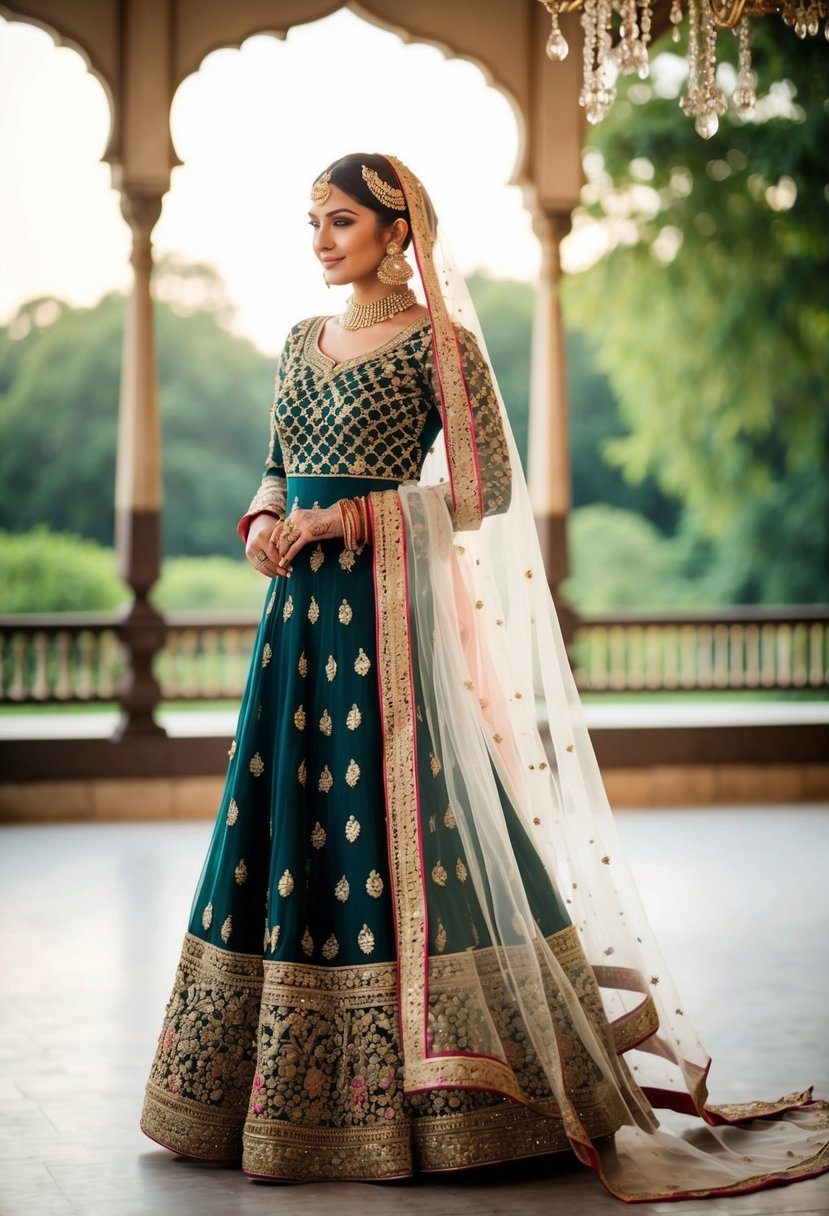 Anarkali suit with a flowing, embellished veil in a wedding setting. Rich, vibrant colors and intricate details