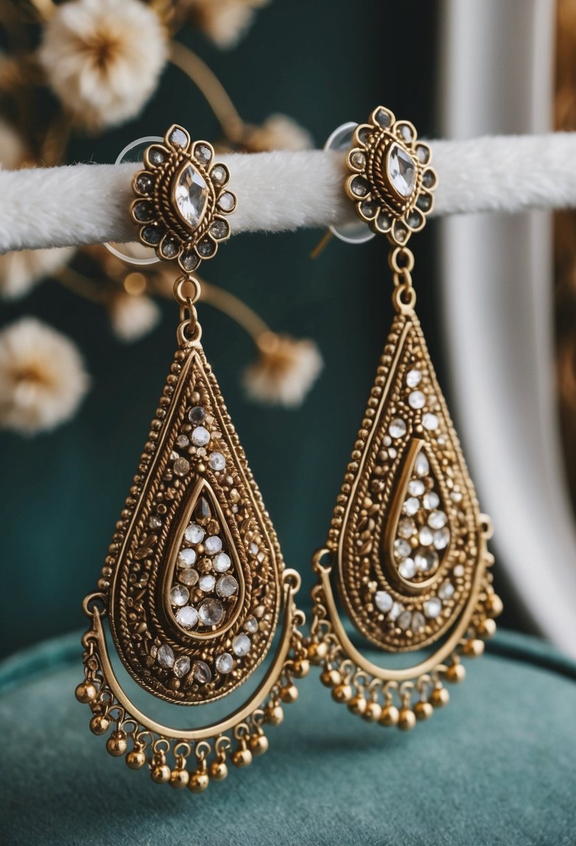 Exquisite antique gold boho wedding earrings displayed on a velvet background with intricate details and embellishments