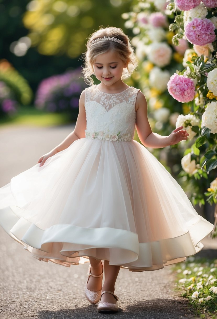 A 5-year-old girl twirls in a custom handmade flower girl dress, surrounded by blooming flowers and delicate lace details