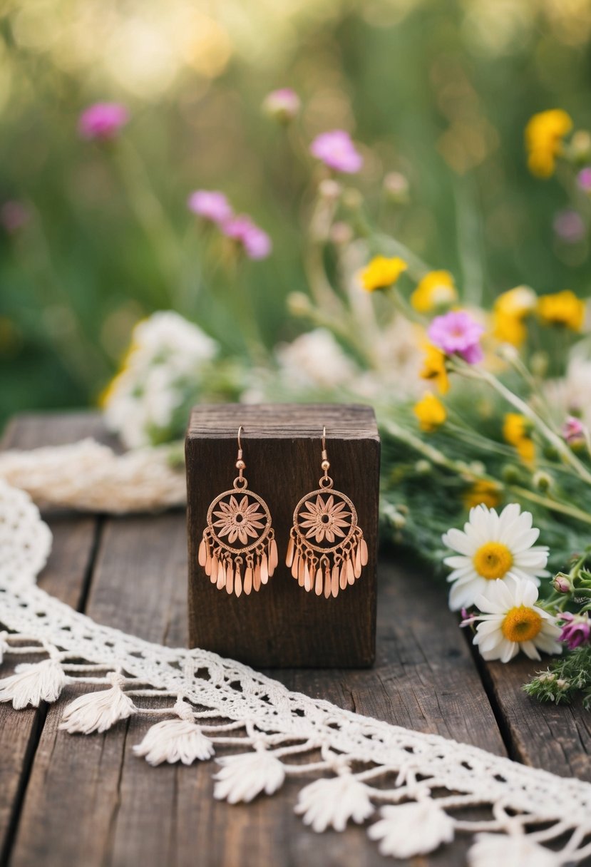 Rose gold bohemian dangle earrings displayed on a rustic wooden table with delicate lace and wildflowers