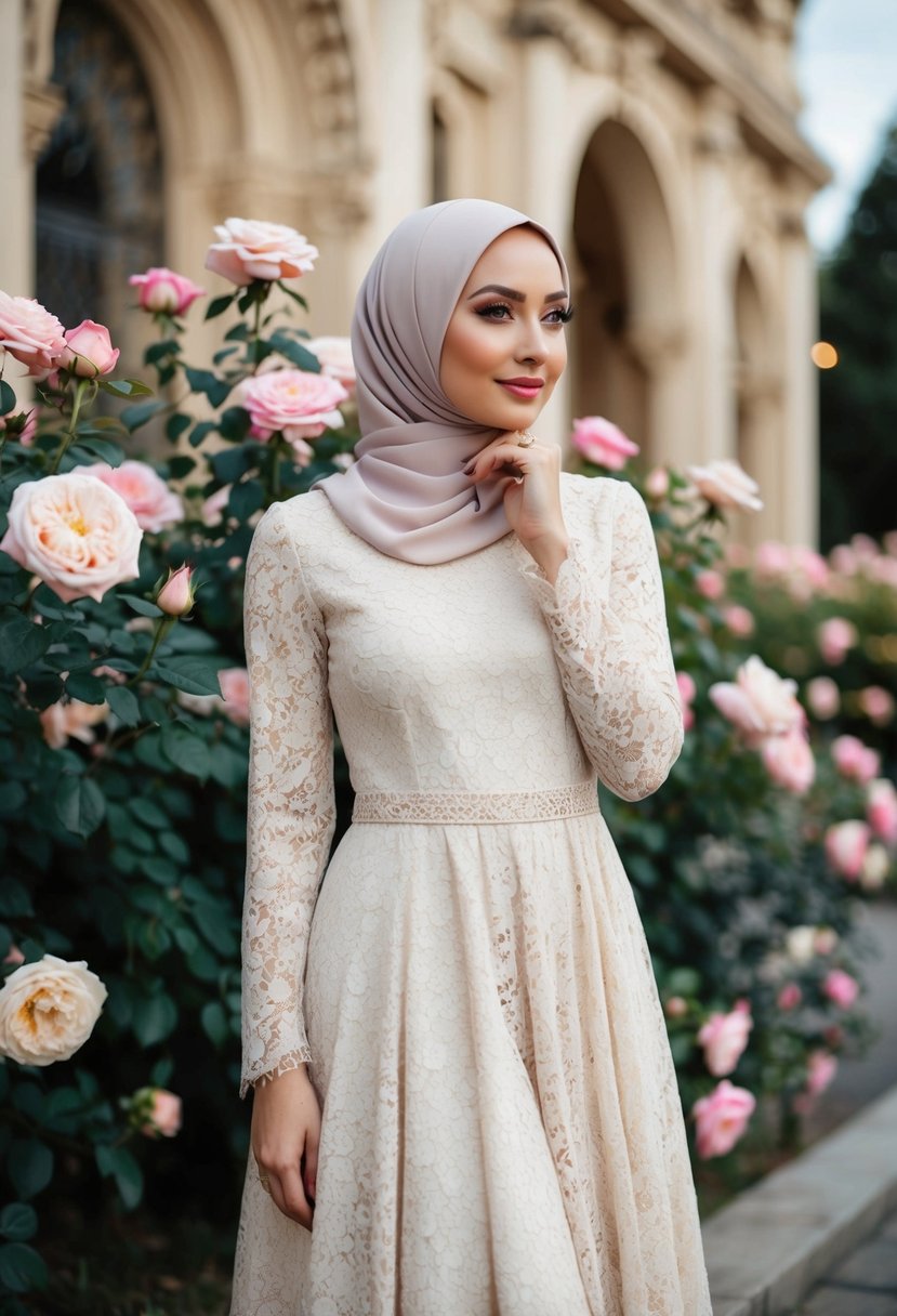 A vintage-inspired lace dress with a hijab, set against a backdrop of blooming roses and ornate architecture