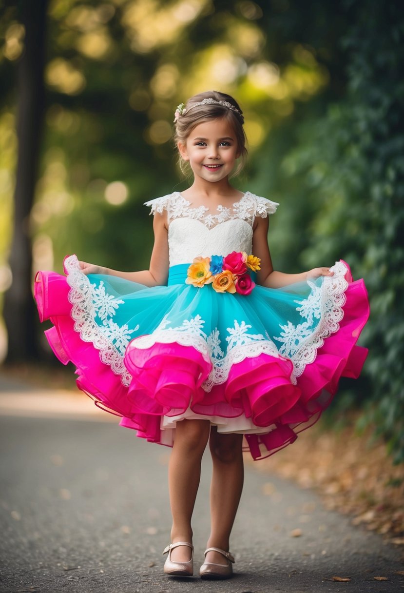 A young girl twirls in a vibrant, frilly Spanish wedding dress, adorned with lace, ruffles, and floral accents