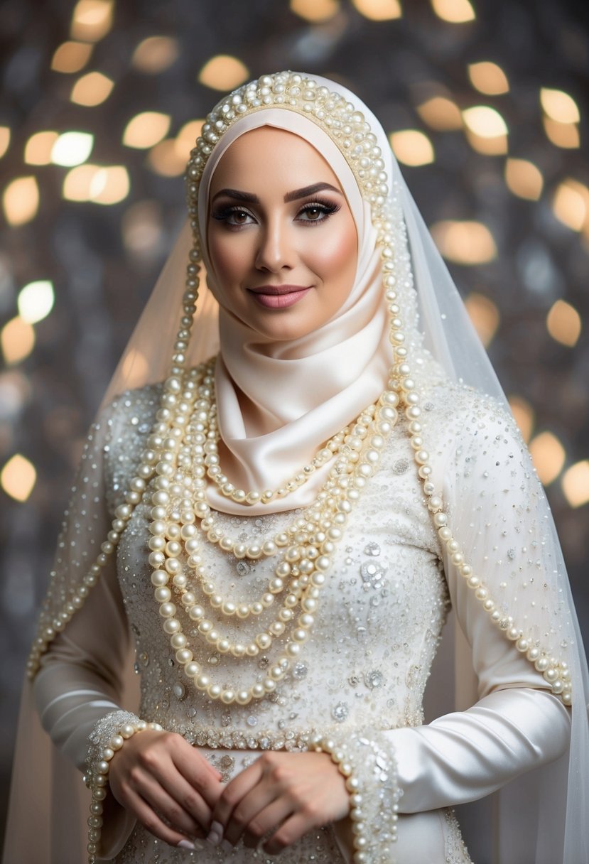 A shimmering hijab and dress set adorned with pearl embellishments, creating an elegant and regal bridal ensemble