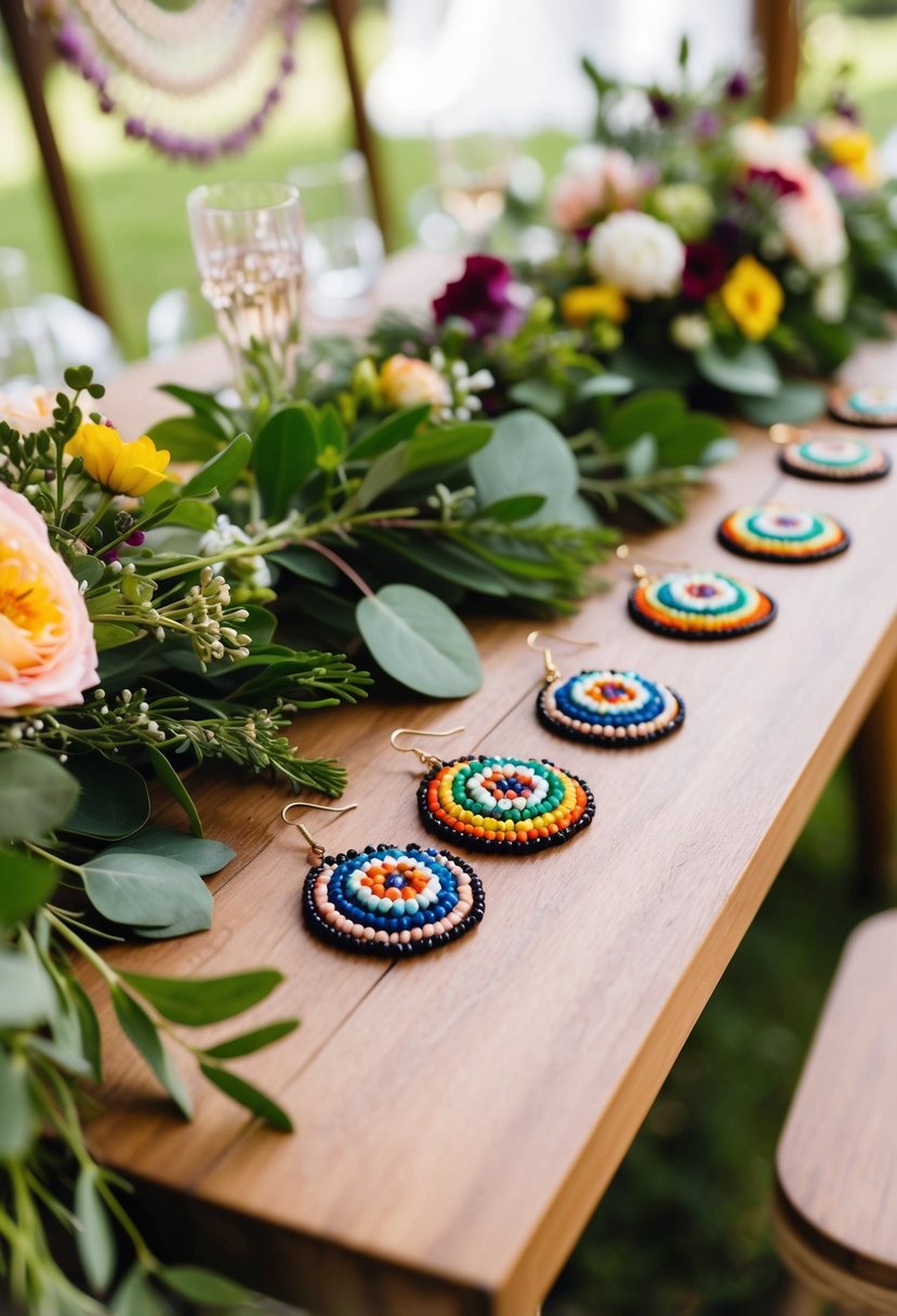 A wooden table adorned with colorful Miyuki seed bead earrings, surrounded by bohemian wedding decor and greenery