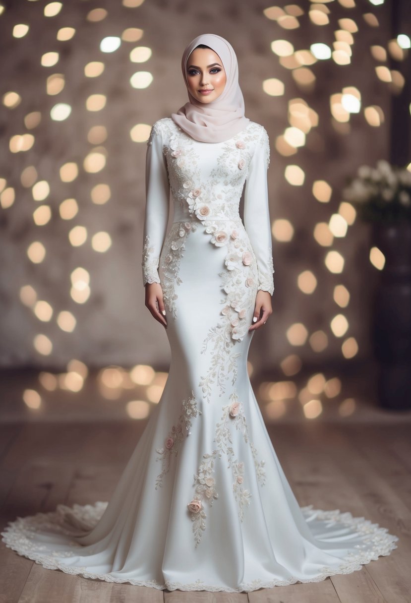 A mermaid-style hijab wedding dress adorned with intricate floral appliqué, cascading down the skirt and wrapping around the bodice