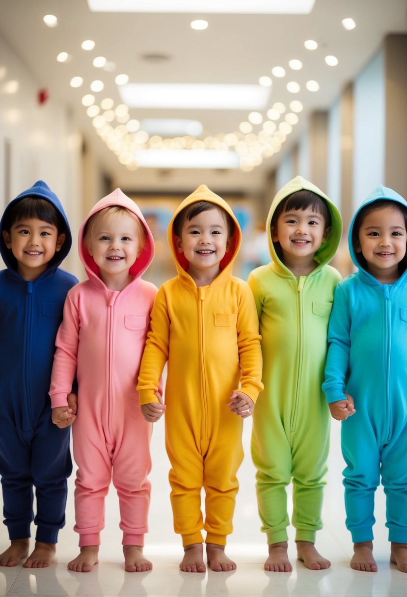 A group of children in matching onesies stand in a line, each wearing a different color. They are smiling and holding hands