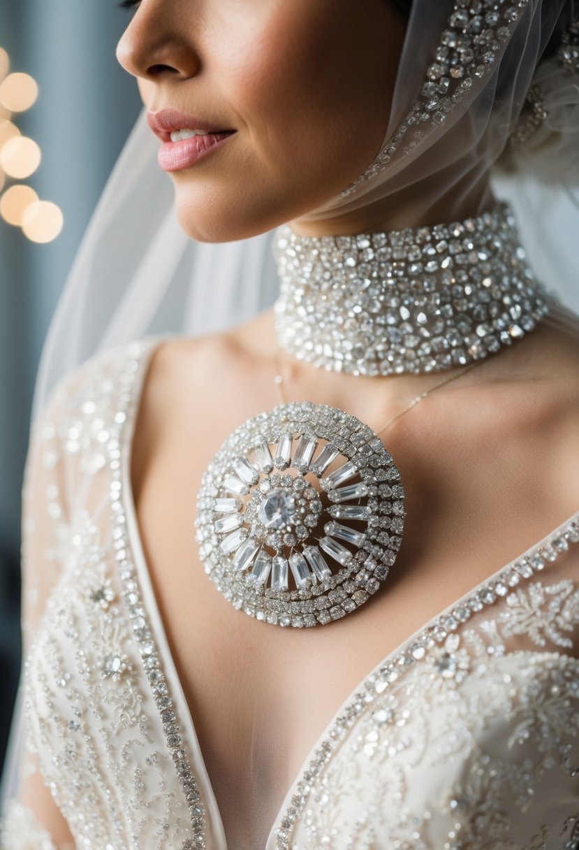 A sparkling rhinestone hijab pin adorns a luxurious wedding dress, adding glamour and elegance to the bridal ensemble