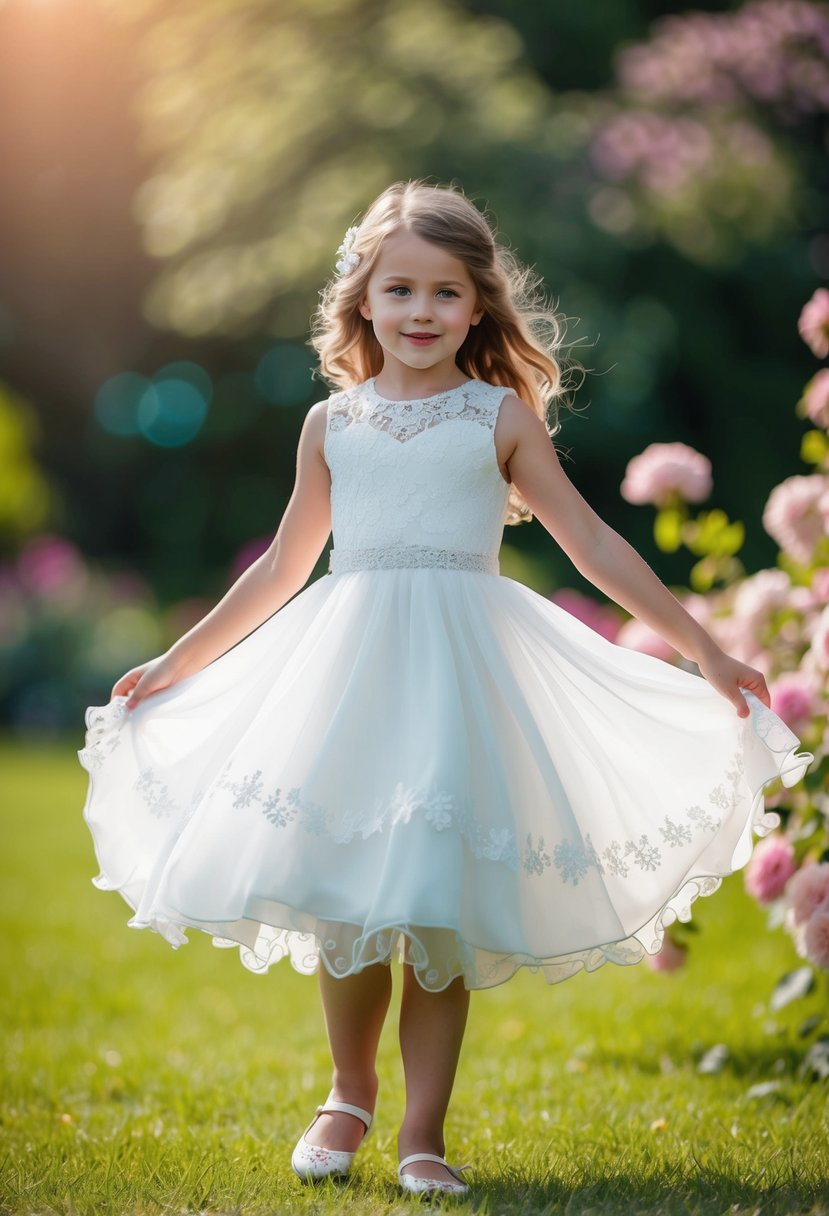 A 5-year-old girl twirls in a sleeveless white dress, adorned with delicate lace and a flowing skirt, surrounded by blooming flowers