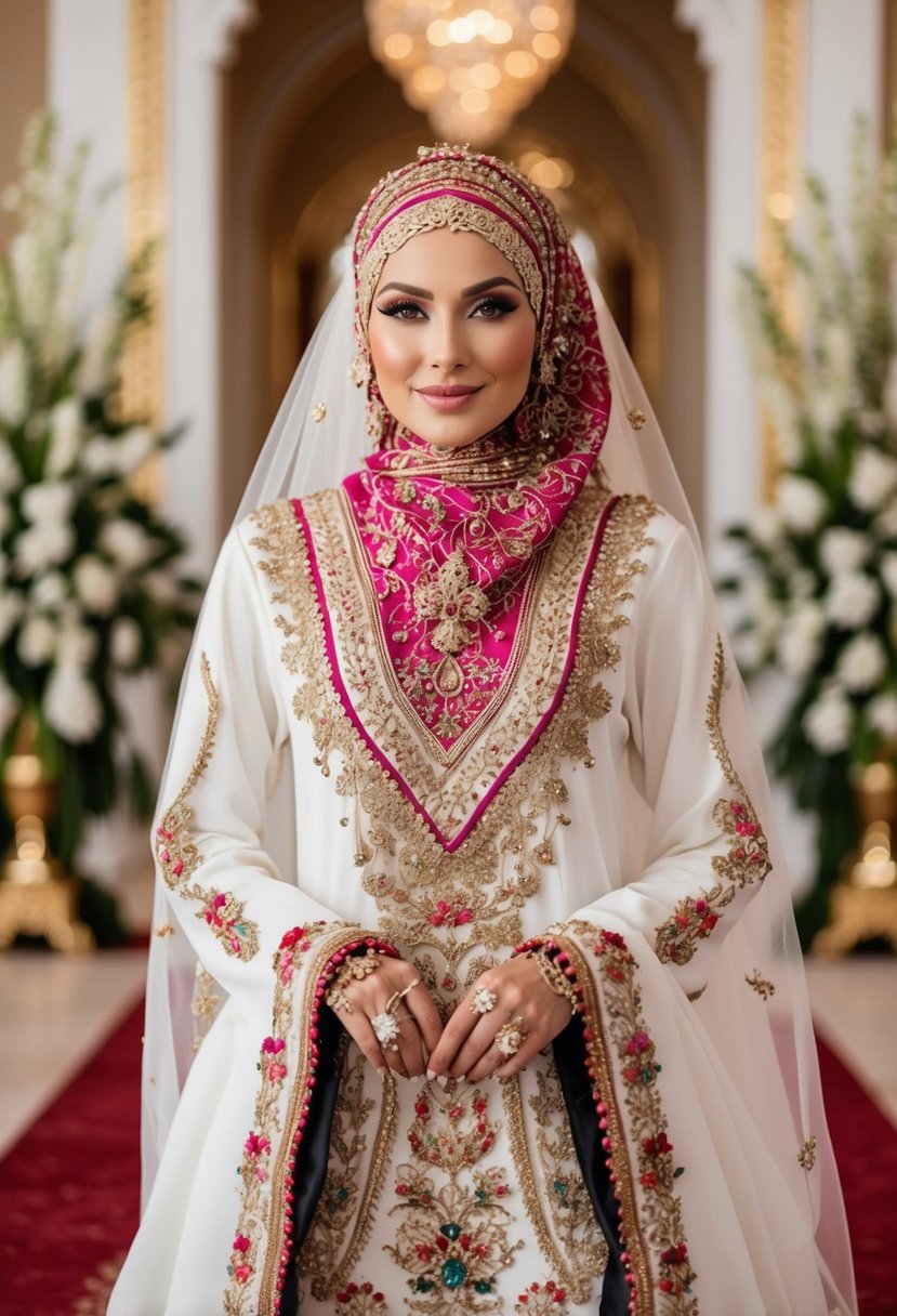 A bride in a luxurious Moroccan Kaftan hijab, adorned with intricate embroidery and vibrant colors, standing in a grand and opulent wedding setting