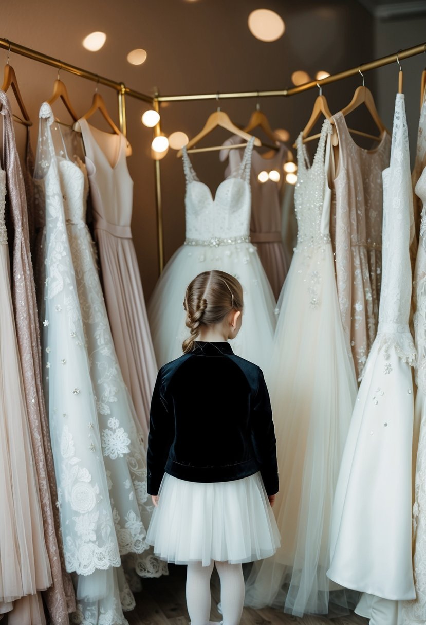 A 5-year-old girl in a black velvet jacket admires a collection of wedding dress ideas, surrounded by lace, tulle, and delicate embellishments