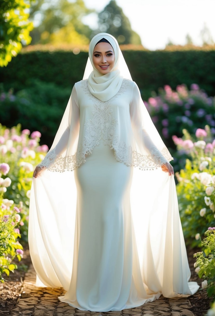 A bride in a flowing hijab wedding dress with customizable modesty pieces, adorned with intricate lace and delicate beading, standing in a garden surrounded by blooming flowers