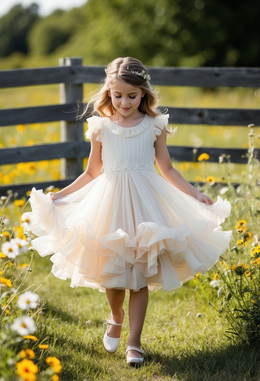 A 5-year-old girl twirls in a flowy, ruffled country-themed wedding dress, surrounded by wildflowers and a rustic wooden fence