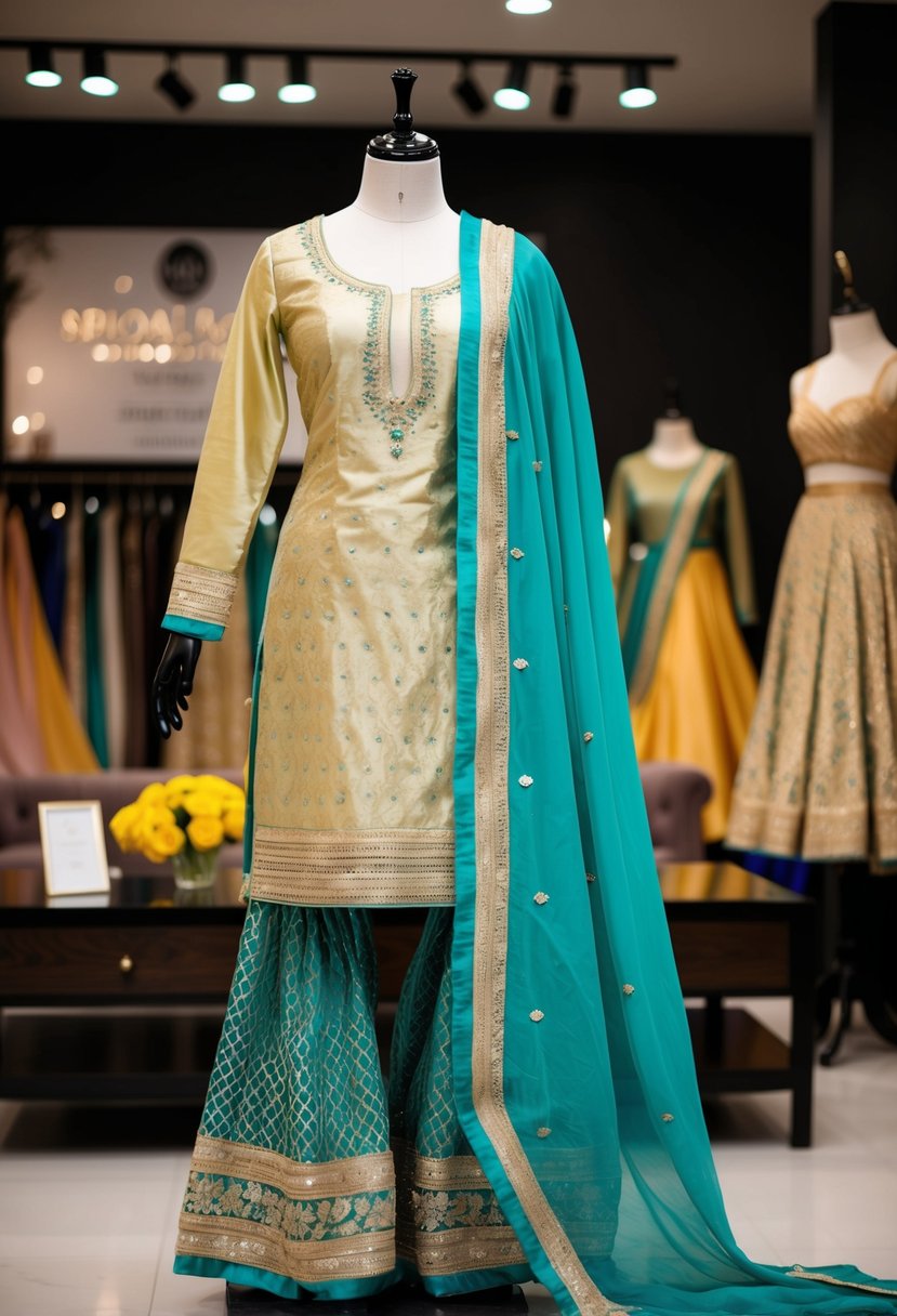 A silk sharara with a matching dupatta hijab draped over a mannequin in a bridal boutique showroom