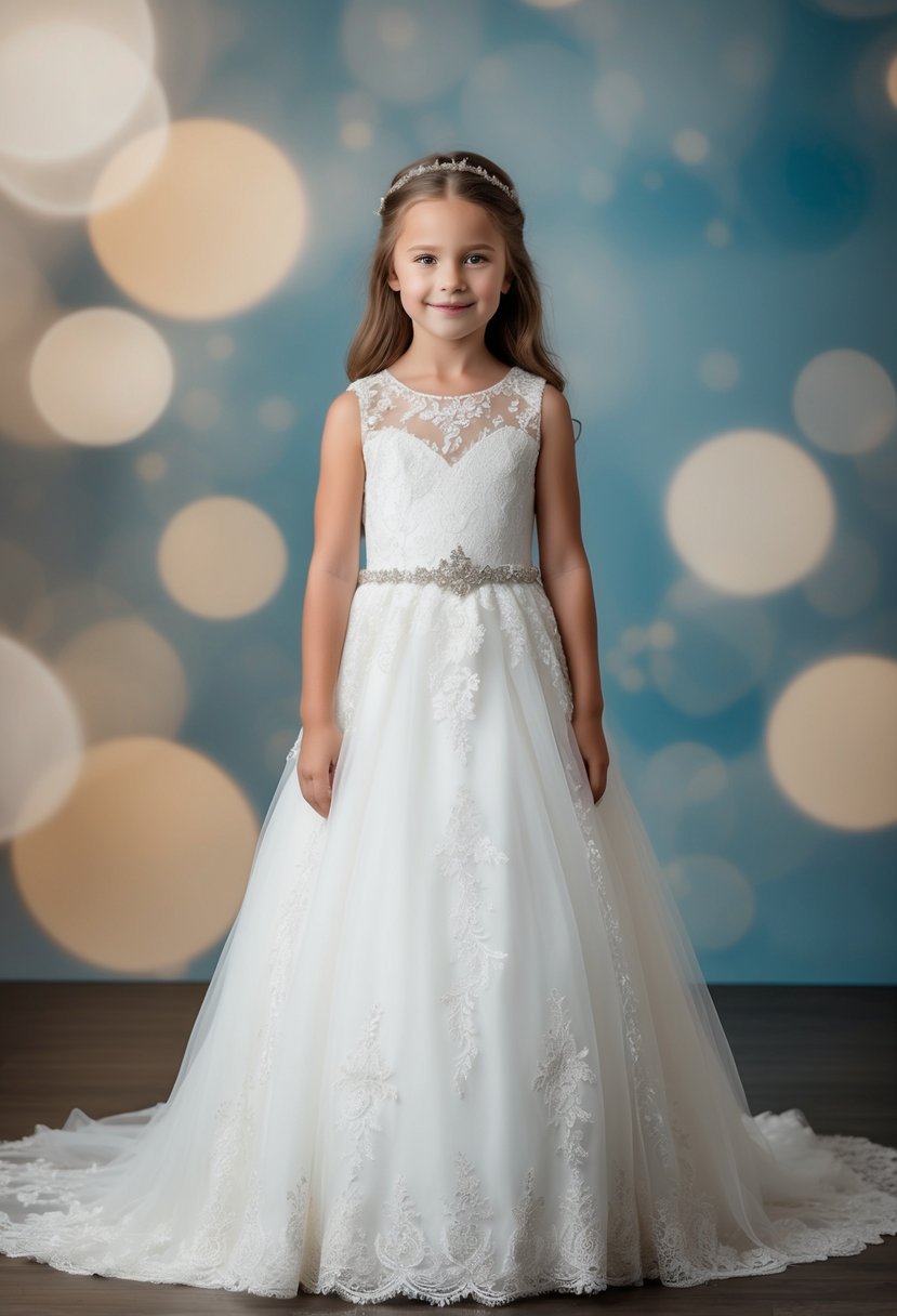 A 5-year-old girl stands in a full-length, no-train wedding dress, adorned with delicate lace and intricate details