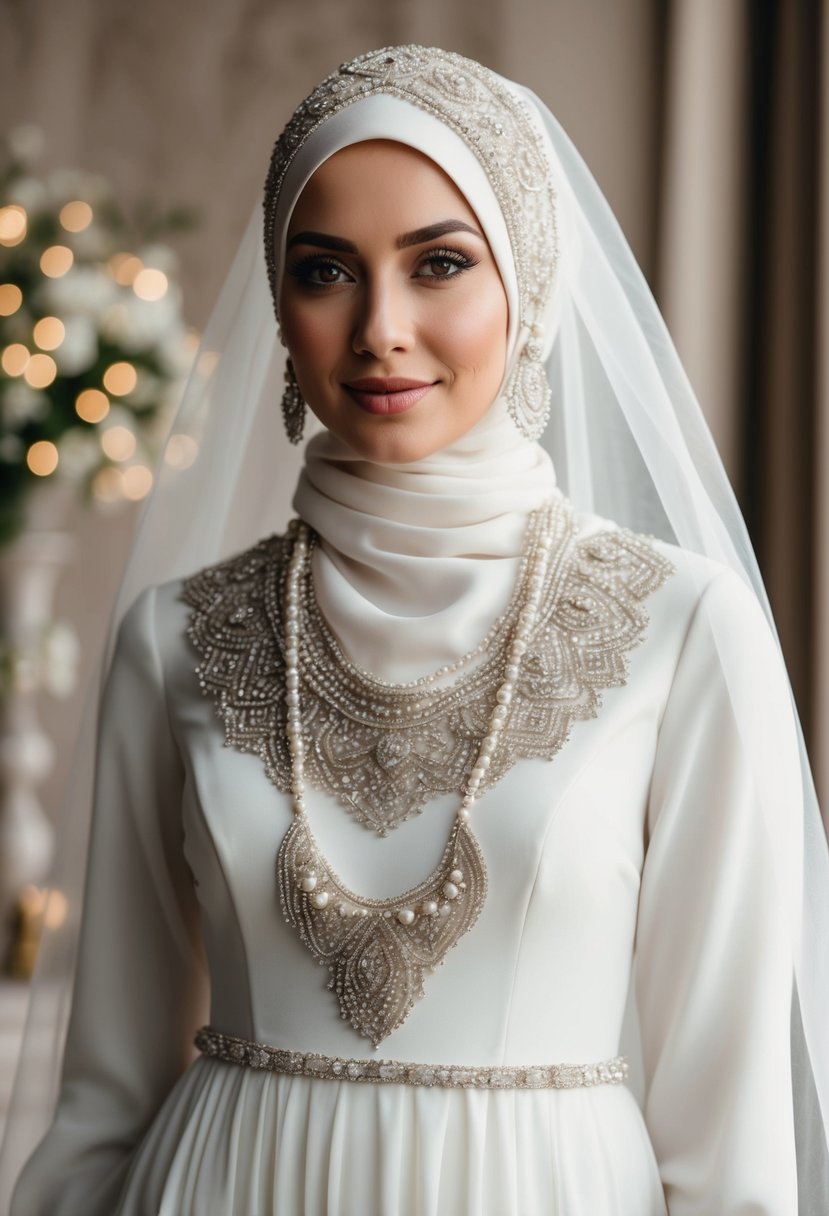 A delicate, intricate beaded hijab accessory adorns a flowing white wedding dress, adding a touch of elegance and cultural flair