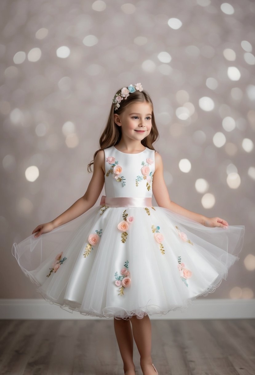 A 5-year-old girl twirls in a knee-length white tulle dress adorned with pastel floral appliques, a satin sash, and a matching hair accessory