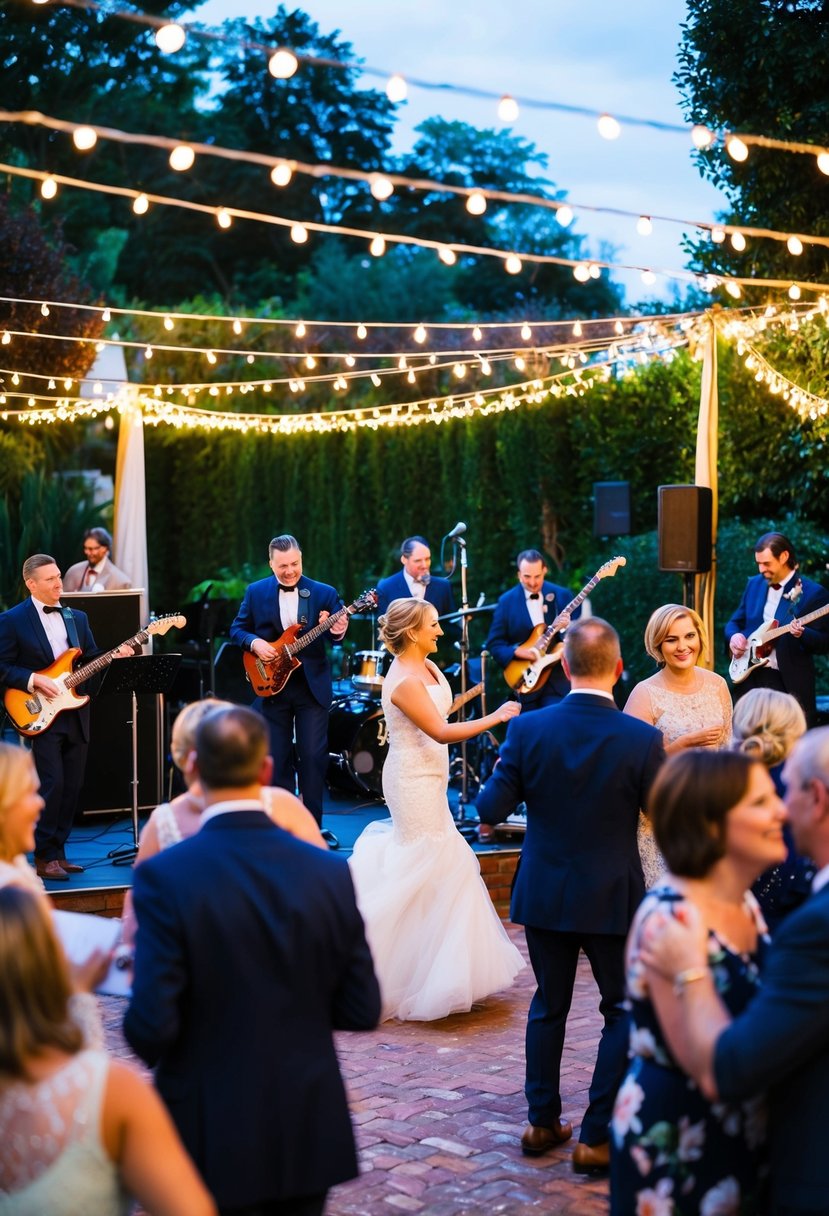 A lively band plays on a stage, while guests dance and mingle under twinkling lights in an outdoor garden setting at a wedding reception